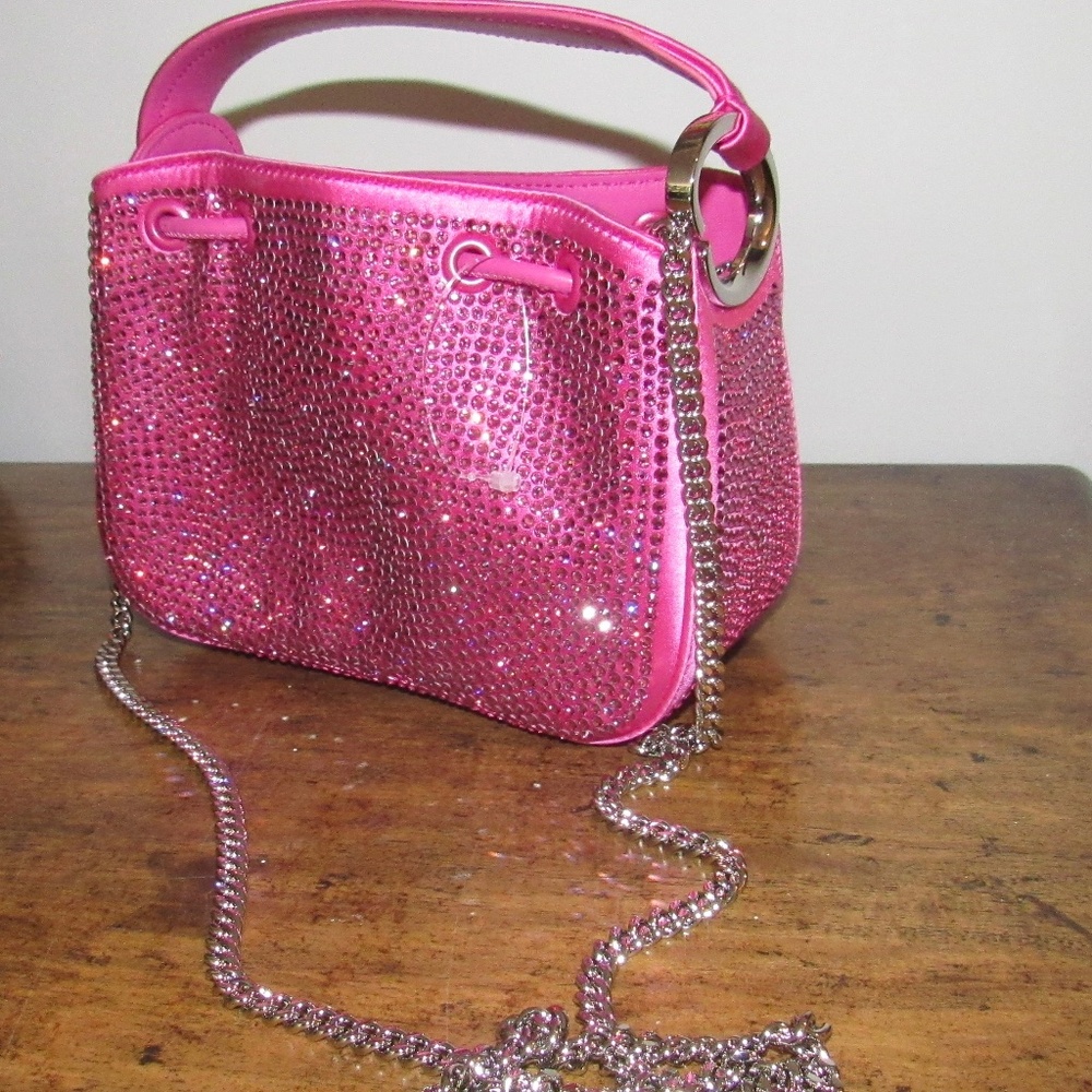 Brand new Oscar de la Renta $2990 Crystals with satin over leather BAG hot Pink